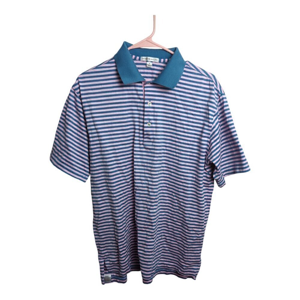 Peter Millar Polo Shirt Men's Size M Pink Striped Cotton Short Sleeve Pink Blue